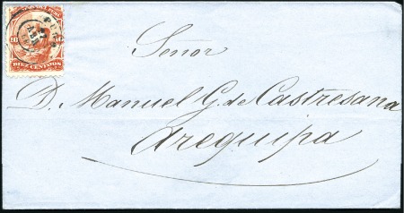 Stamp of Peru » 1866-67 American Banknote Co. Issues 10c Vermilion, single franking just tied by Puno c
