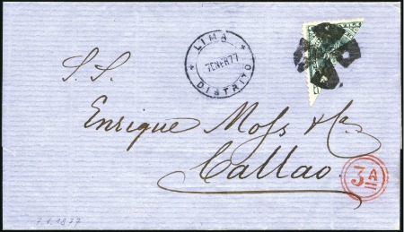 Stamp of Peru » 1874-1884 Definitives 10c Green, diagonal bisect tied by mute quartered 