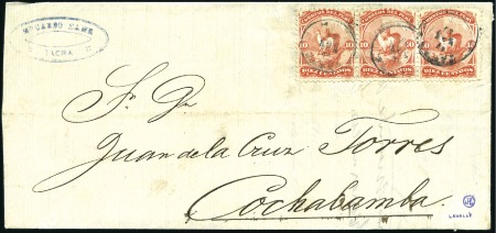 Stamp of Peru » 1866-67 American Banknote Co. Issues 10c Vermilion, strip of 3 with Tacna cds (appears 