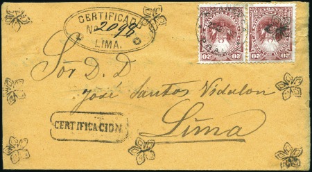 Stamp of Peru » 1874-1884 Definitives 20c Brown Red pair tied by Huancavelica (HUNC'VCA 