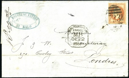 Stamp of France 1869 Lettre de St Malo pour Londres avec 40c Lauré