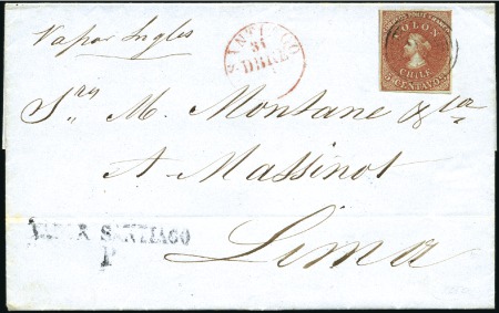 Stamp of Chile 1853 5c First Issue on blued paper, exceptional fo