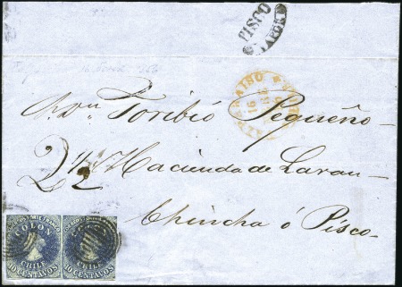 Stamp of Chile 1853 10c Deep Blue on white paper, pair with margi