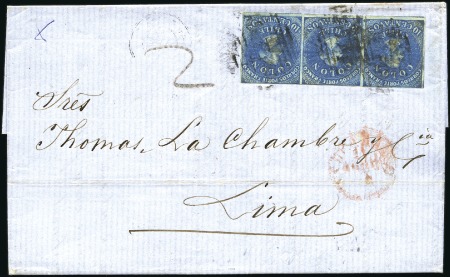 Stamp of Chile 1862 10c Deep Blue strip of 3, London print, clear
