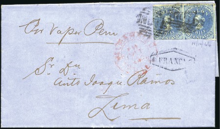 Stamp of Chile 1857 10c Sky Blue pair, Santiago print, tied by IN