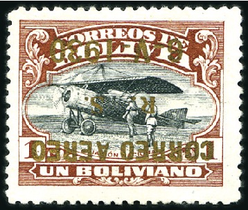 Stamp of Bolivia 1930 1B Red Brown & Black, INVERTED gold Zeppelin 
