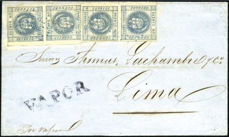 Stamp of Peru » 1858 (Oct)-1859 Double-Lined Frames 1d Slate Blue, two vert. pairs, each with sheet ma