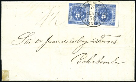 Stamp of Peru » 1858 (March) First Issue 1d Deep Blue pair (transfer types 10+17a), intense