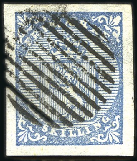 Stamp of Norway » 1st Issue 4Sk blue used with nearly complete 12-bar grid sho