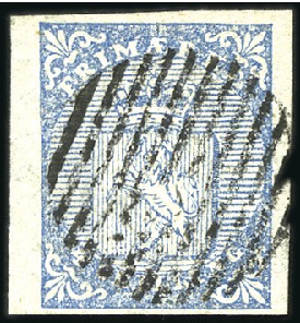 Stamp of Norway » 1st Issue 4Sk blue used with almost complete 12 bar grid, fi