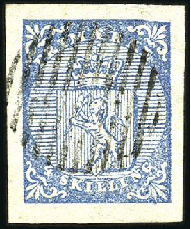 Stamp of Norway » 1st Issue 4Sk blue used with almost complete 12 bar grid, mi
