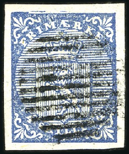 Stamp of Norway » 1st Issue 4Sk blue used with almost complete 11 bar grid sho