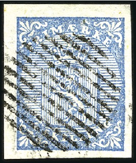 Stamp of Norway » 1st Issue 4Sk blue used with 12 bar grid showing plate flaw 
