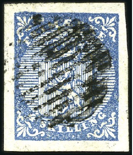 Stamp of Norway » 1st Issue 4Sk blue used with 12 bar grid showing variety: bu