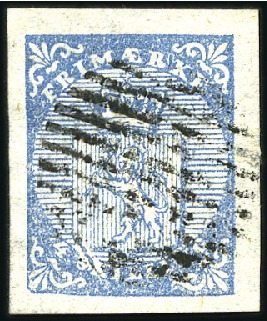 Stamp of Norway » 1st Issue 4Sk blue used with almoste complete 12 bar grid sh
