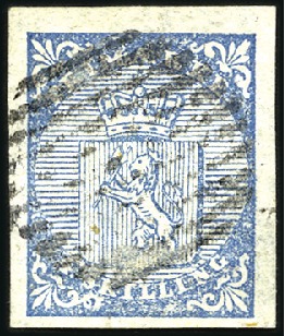 Stamp of Norway » 1st Issue 4Sk blue used with 11 bar grid showing damage at t