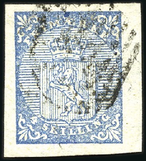 Stamp of Norway » 1st Issue 4Sk blue used with (12) bar grid showing variety: 