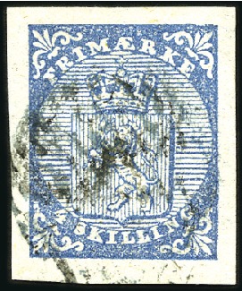Stamp of Norway » 1st Issue 4Sk blue used with bar grid, even large margined e