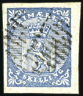 Stamp of Norway » 1st Issue 4Sk blue used with complete 12 bar grid showing va