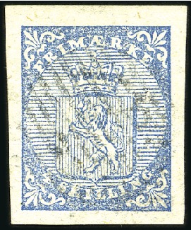 Stamp of Norway » 1st Issue 4Sk blue used with 12 bar grid, horizontal crease,