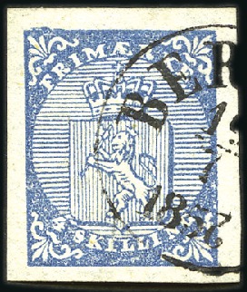 Stamp of Norway » 1st Issue 4Sk blue used with BERGEN 19.7.1856 (6 made of inv
