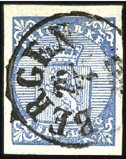 Stamp of Norway » 1st Issue 4Sk blue used with BERGEN cds showing at bottom le