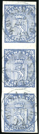 Stamp of Norway » 1st Issue 4Sk blue vertical strip of 3 used with nearly comp