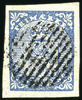 Stamp of Norway » 1st Issue 4Sk blue used with complete central 12 bar grid sh