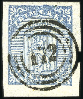 Stamp of Norway » 1st Issue 4Sk blue used with complete numeral '172' of Laurv