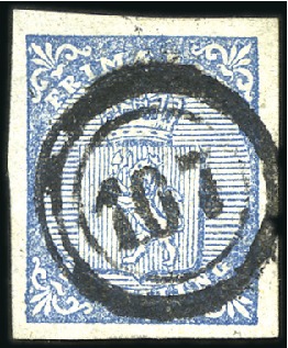 Stamp of Norway » 1st Issue 4Sk blue used with numeral '107' of Heggebostad sh