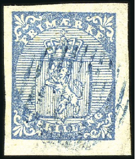 Stamp of Norway » 1st Issue 4Sk blue used with blue 12 bar grid, large margins