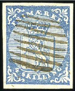 Stamp of Norway » 1st Issue WITHDRAWN
4Sk blue used with 8 bar ink grid showi