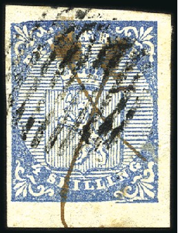 Stamp of Norway » 1st Issue 4Sk blue used with 11 bar grid & ink cross showing