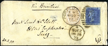 Stamp of Great Britain » 1854-70 Perforated Line Engraved 1873 (Mar 20) Envelope to EGYPT with 1871 2d blue 