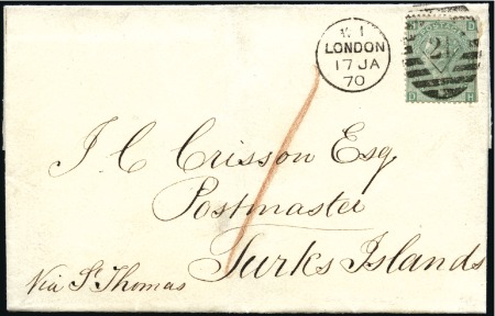 Stamp of Great Britain » 1855-1900 Surface Printed 1870 (Jan 17) Wrapper to TURKS ISLANDS with 1867-8
