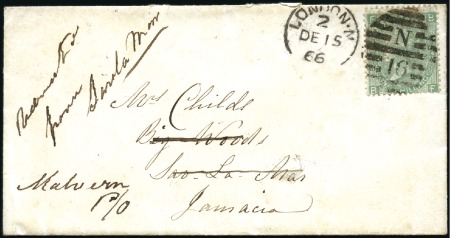 Stamp of Great Britain » 1855-1900 Surface Printed 1866 (Dec 15) Envelope to JAMAICA with 1865-67 1s 