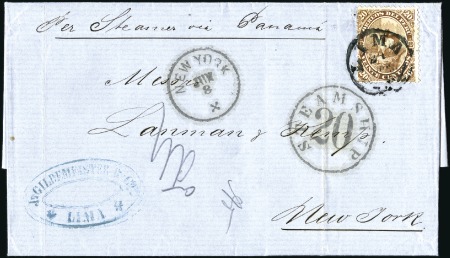 Stamp of Peru » 1866-67 American Banknote Co. Issues 20c Brown tied by 1869 Lima cds to cover to New Yo