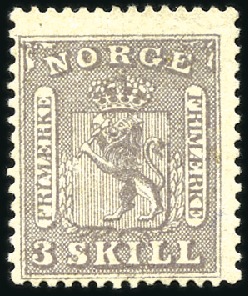 Stamp of Norway » 1863 Coat of Arms 3Sk grey mint hinge remainder, very fine, sign. Dr