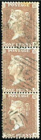 Stamp of Great Britain » 1854-70 Perforated Line Engraved 1855 1d Red-Brown pl.16 HA/JA vert. strip of three