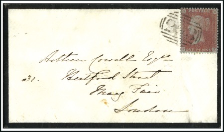 Stamp of Great Britain » 1854-70 Perforated Line Engraved 1855 1d Red-Brown pl.24 FE tied on 1856 (Jan 30) m