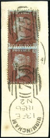Stamp of Great Britain » 1854-70 Perforated Line Engraved 1855 1d Red-Brown pl.25 QC/RC vertical pair tied o