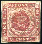 Stamp of Danish West Indies 1856 3C carmine with yellow gum never hinged examp