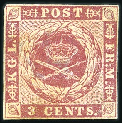 Stamp of Danish West Indies 1856 3C carmine with yellow gum never hinged examp