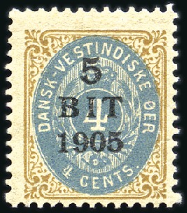 Stamp of Danish West Indies 1905 4C blue / brown, regular framework, surcharge