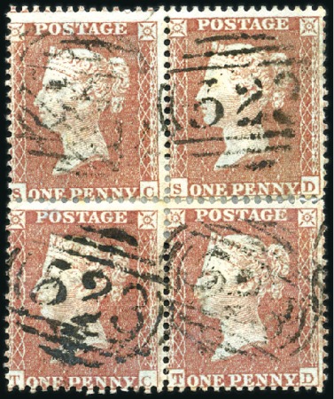 Stamp of Great Britain » 1854-70 Perforated Line Engraved 1855 1d Red-Brown pl.3 SC/TD rejoined block of fou