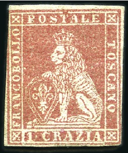 Stamp of Italian States » Tuscany 1851-1852 1Cr carminio chiaro su grigio, mint hing