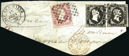 Stamp of Italian States » Sardinia 1851 5C black in horizontal pair + 40C rosa tied t