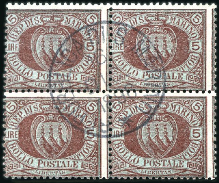Stamp of Italy » San Marino 1892-94 Definitives 5L carmine on red in used bloc