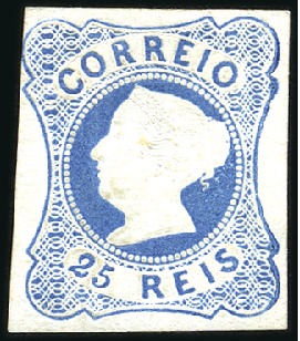 Stamp of Portugal 1853 Queen Maria II, 25r light blue, unused, white