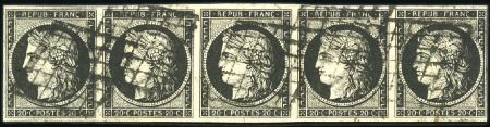 Stamp of France 1849 20c noir en bande de cinq, bien margé, obl. g